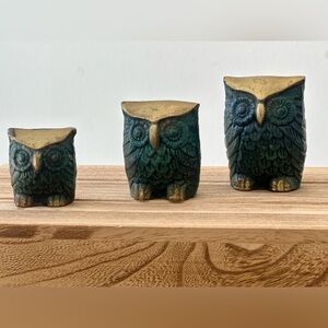 Vintage brass Green and Gold Owl Figurines
